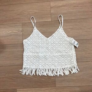 NWT Deadstock White crochet Knit Cami Fringe Hem Women S Festival Western Beach